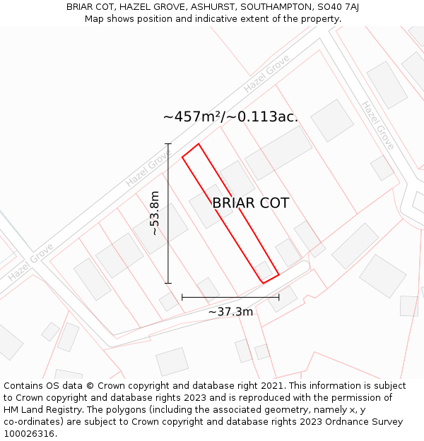 BRIAR COT, HAZEL GROVE, ASHURST, SOUTHAMPTON, SO40 7AJ: Plot and title map