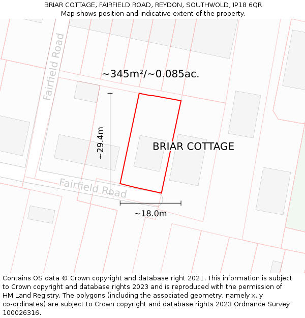 BRIAR COTTAGE, FAIRFIELD ROAD, REYDON, SOUTHWOLD, IP18 6QR: Plot and title map