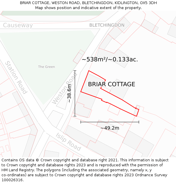 BRIAR COTTAGE, WESTON ROAD, BLETCHINGDON, KIDLINGTON, OX5 3DH: Plot and title map