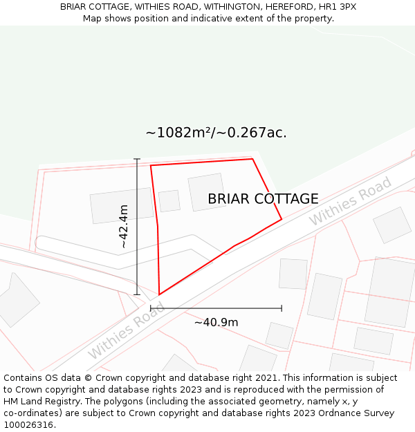 BRIAR COTTAGE, WITHIES ROAD, WITHINGTON, HEREFORD, HR1 3PX: Plot and title map