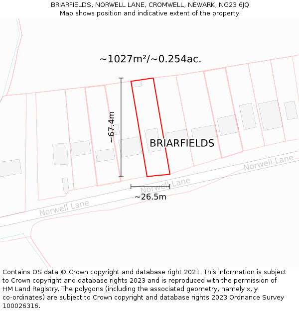 BRIARFIELDS, NORWELL LANE, CROMWELL, NEWARK, NG23 6JQ: Plot and title map