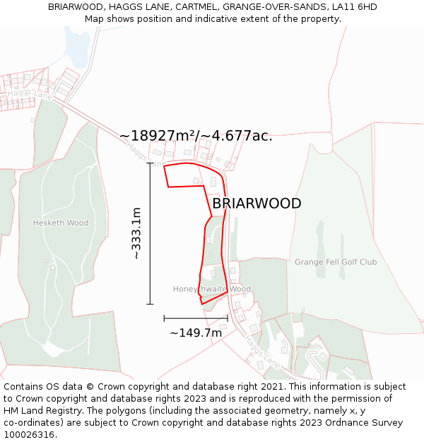 BRIARWOOD, HAGGS LANE, CARTMEL, GRANGE-OVER-SANDS, LA11 6HD: Plot and title map