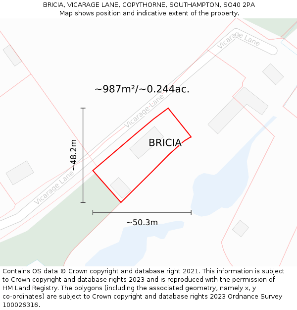 BRICIA, VICARAGE LANE, COPYTHORNE, SOUTHAMPTON, SO40 2PA: Plot and title map