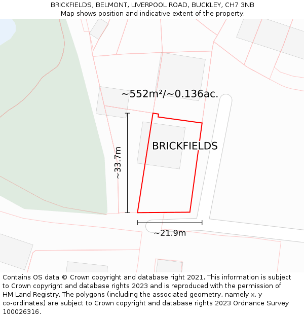 BRICKFIELDS, BELMONT, LIVERPOOL ROAD, BUCKLEY, CH7 3NB: Plot and title map