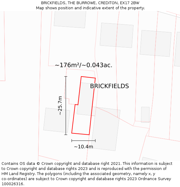 BRICKFIELDS, THE BURROWE, CREDITON, EX17 2BW: Plot and title map