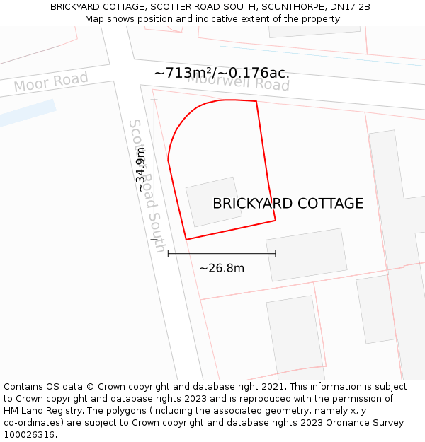 BRICKYARD COTTAGE, SCOTTER ROAD SOUTH, SCUNTHORPE, DN17 2BT: Plot and title map