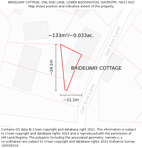 BRIDELWAY COTTAGE, OWL END LANE, LOWER BODDINGTON, DAVENTRY, NN11 6XZ: Plot and title map