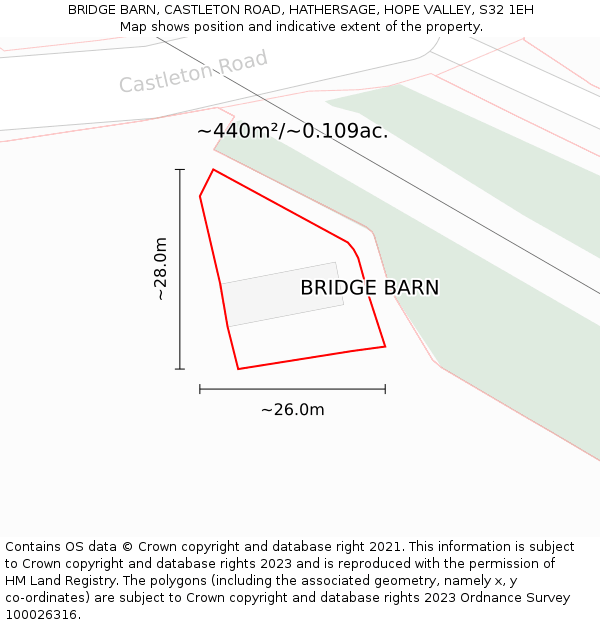 BRIDGE BARN, CASTLETON ROAD, HATHERSAGE, HOPE VALLEY, S32 1EH: Plot and title map