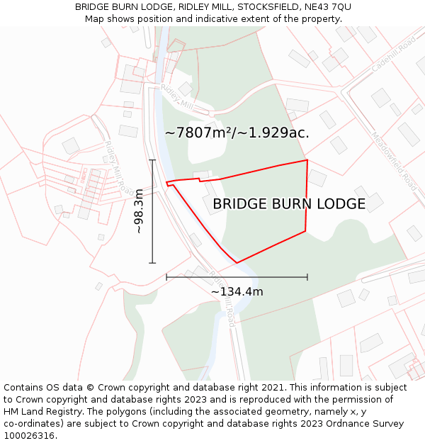 BRIDGE BURN LODGE, RIDLEY MILL, STOCKSFIELD, NE43 7QU: Plot and title map