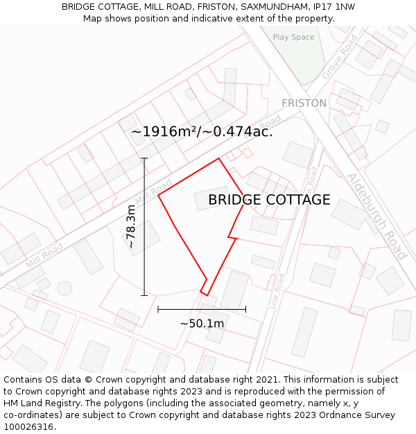 BRIDGE COTTAGE, MILL ROAD, FRISTON, SAXMUNDHAM, IP17 1NW: Plot and title map