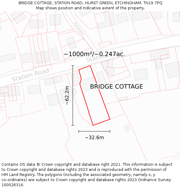 BRIDGE COTTAGE, STATION ROAD, HURST GREEN, ETCHINGHAM, TN19 7PQ: Plot and title map