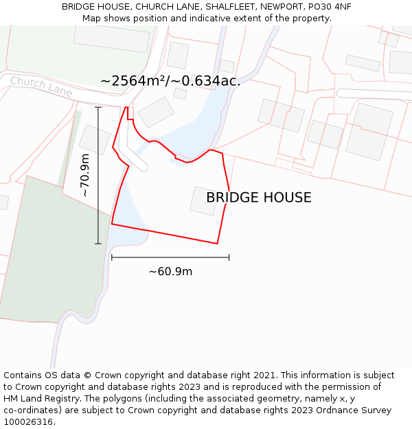 BRIDGE HOUSE, CHURCH LANE, SHALFLEET, NEWPORT, PO30 4NF: Plot and title map