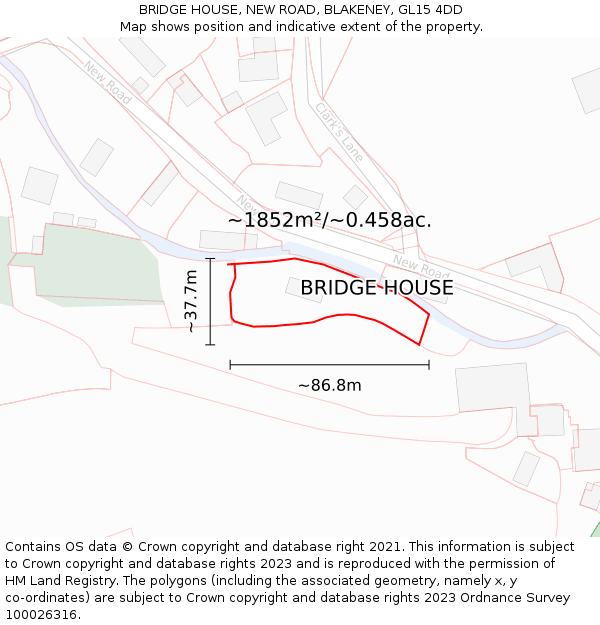 BRIDGE HOUSE, NEW ROAD, BLAKENEY, GL15 4DD: Plot and title map