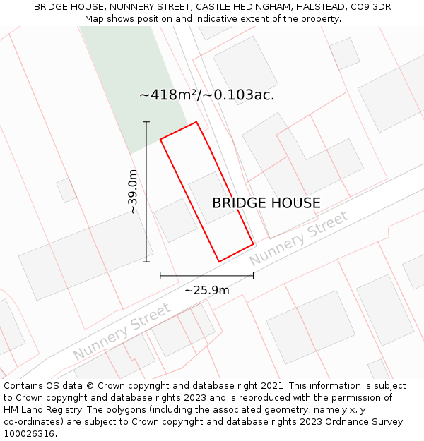 BRIDGE HOUSE, NUNNERY STREET, CASTLE HEDINGHAM, HALSTEAD, CO9 3DR: Plot and title map