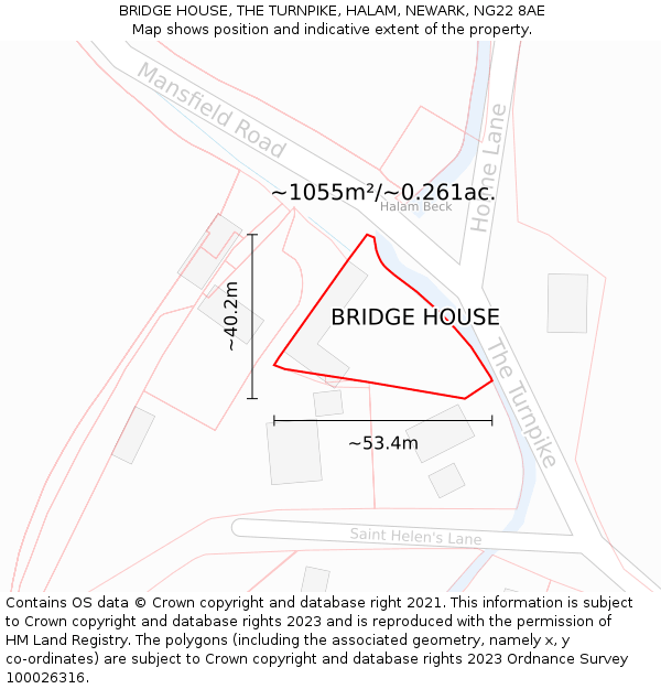 BRIDGE HOUSE, THE TURNPIKE, HALAM, NEWARK, NG22 8AE: Plot and title map