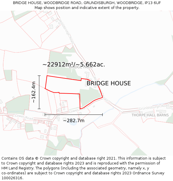 BRIDGE HOUSE, WOODBRIDGE ROAD, GRUNDISBURGH, WOODBRIDGE, IP13 6UF: Plot and title map