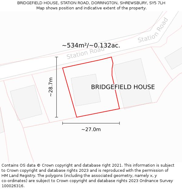 BRIDGEFIELD HOUSE, STATION ROAD, DORRINGTON, SHREWSBURY, SY5 7LH: Plot and title map