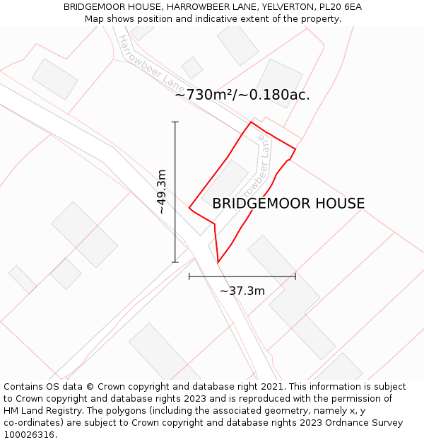 BRIDGEMOOR HOUSE, HARROWBEER LANE, YELVERTON, PL20 6EA: Plot and title map