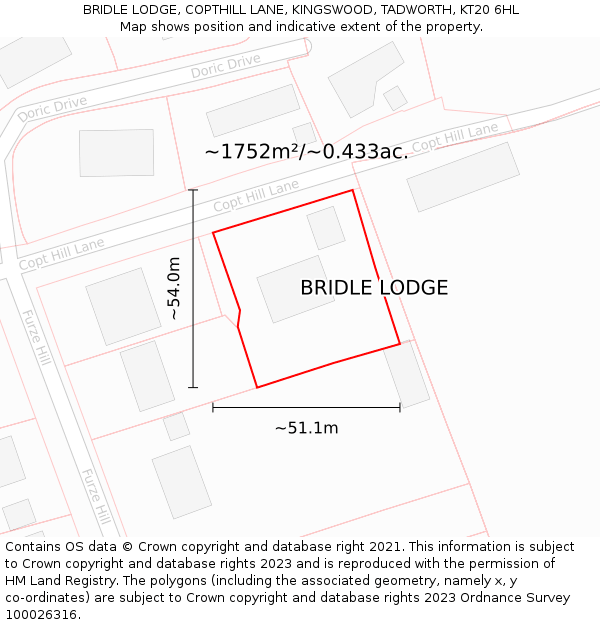 BRIDLE LODGE, COPTHILL LANE, KINGSWOOD, TADWORTH, KT20 6HL: Plot and title map