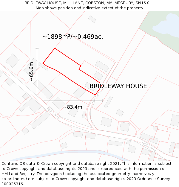 BRIDLEWAY HOUSE, MILL LANE, CORSTON, MALMESBURY, SN16 0HH: Plot and title map