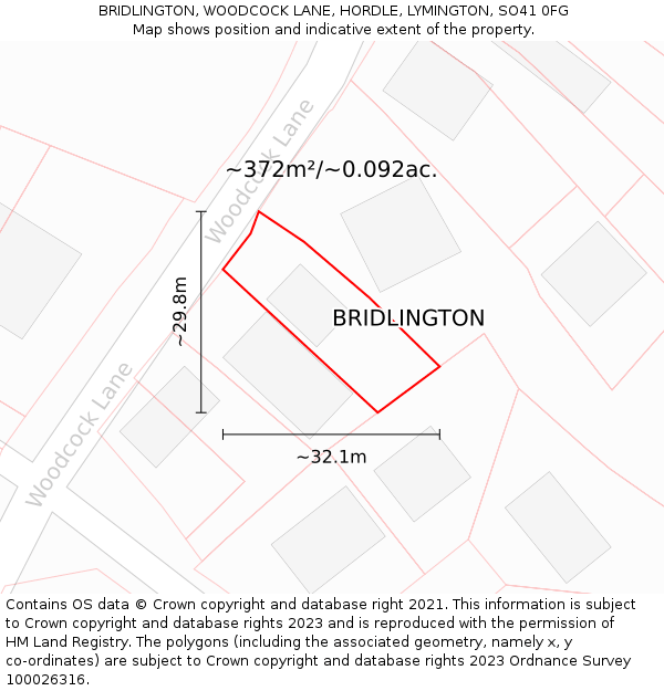 BRIDLINGTON, WOODCOCK LANE, HORDLE, LYMINGTON, SO41 0FG: Plot and title map