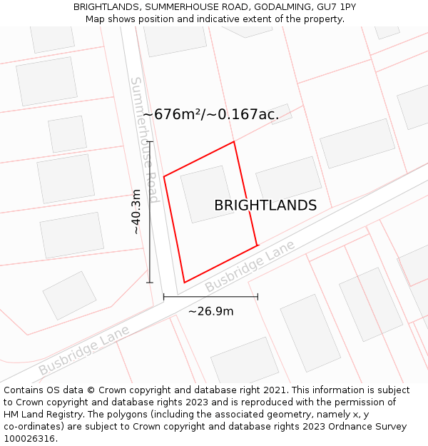 BRIGHTLANDS, SUMMERHOUSE ROAD, GODALMING, GU7 1PY: Plot and title map