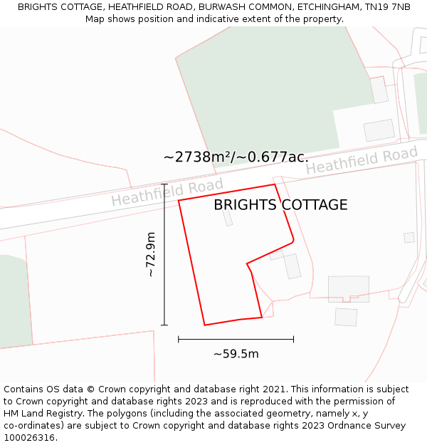 BRIGHTS COTTAGE, HEATHFIELD ROAD, BURWASH COMMON, ETCHINGHAM, TN19 7NB: Plot and title map