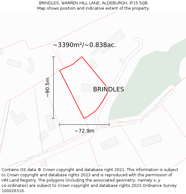 BRINDLES, WARREN HILL LANE, ALDEBURGH, IP15 5QB: Plot and title map