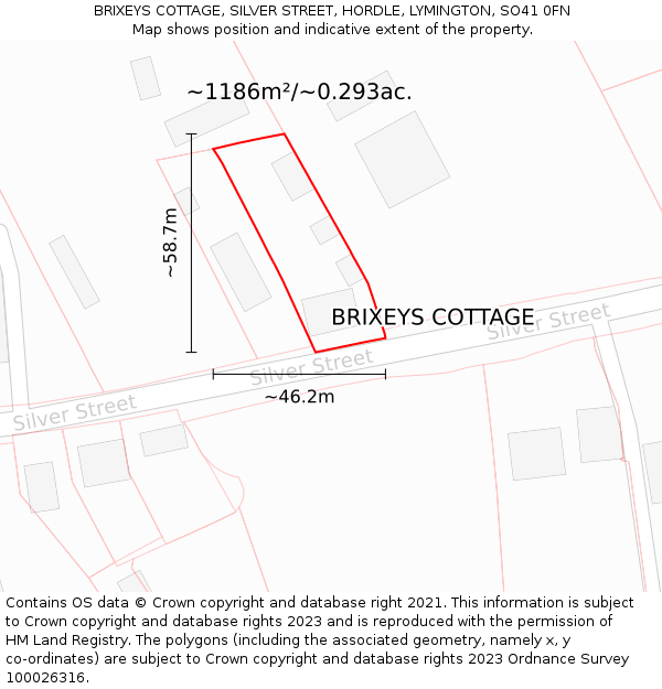 BRIXEYS COTTAGE, SILVER STREET, HORDLE, LYMINGTON, SO41 0FN: Plot and title map