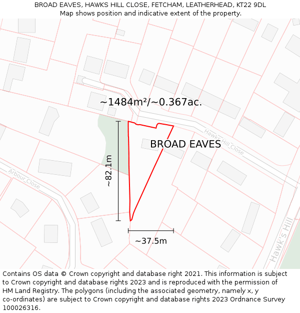 BROAD EAVES, HAWKS HILL CLOSE, FETCHAM, LEATHERHEAD, KT22 9DL: Plot and title map