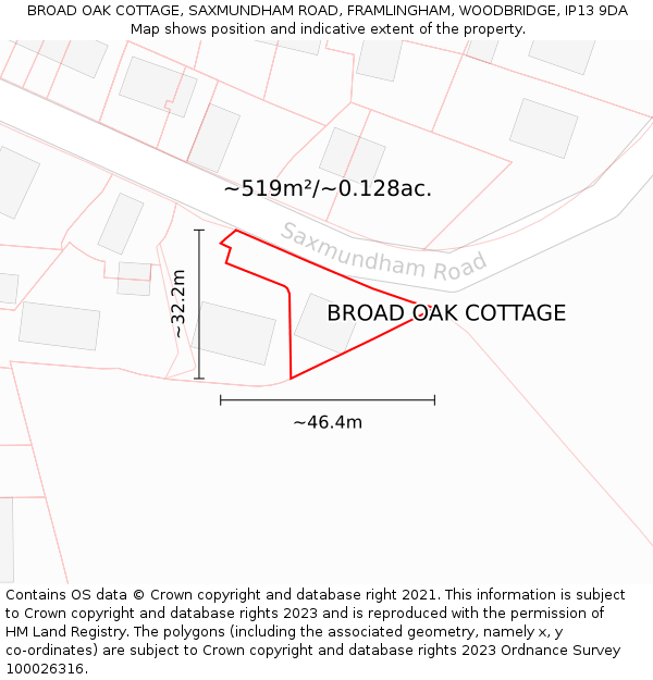 BROAD OAK COTTAGE, SAXMUNDHAM ROAD, FRAMLINGHAM, WOODBRIDGE, IP13 9DA: Plot and title map