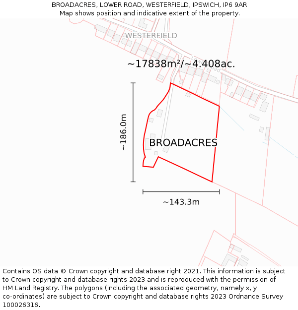 BROADACRES, LOWER ROAD, WESTERFIELD, IPSWICH, IP6 9AR: Plot and title map