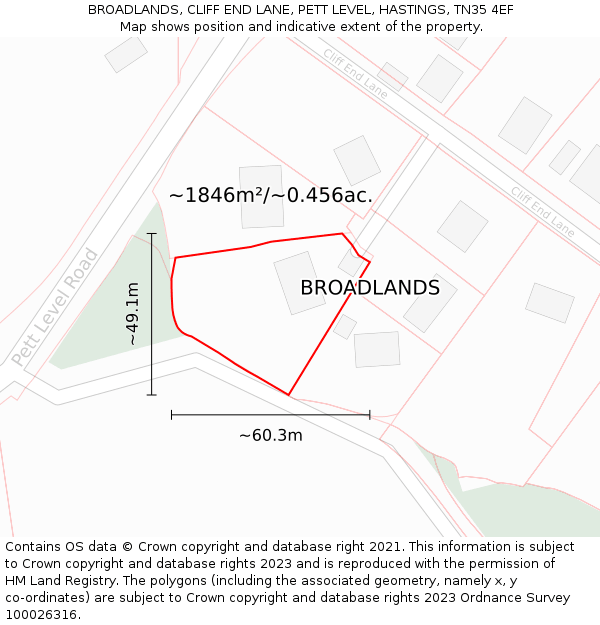 BROADLANDS, CLIFF END LANE, PETT LEVEL, HASTINGS, TN35 4EF: Plot and title map