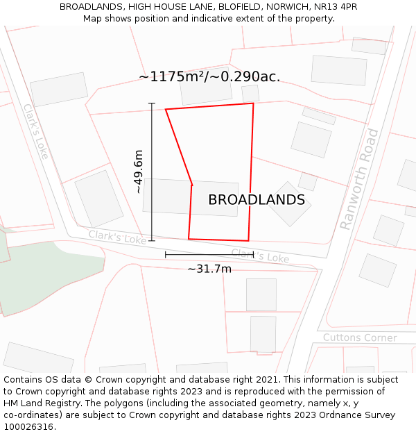 BROADLANDS, HIGH HOUSE LANE, BLOFIELD, NORWICH, NR13 4PR: Plot and title map