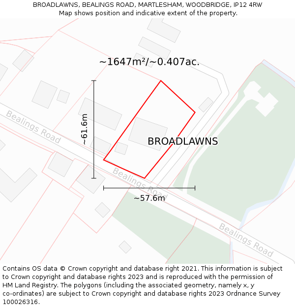 BROADLAWNS, BEALINGS ROAD, MARTLESHAM, WOODBRIDGE, IP12 4RW: Plot and title map