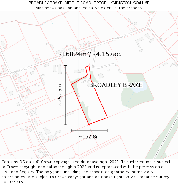 BROADLEY BRAKE, MIDDLE ROAD, TIPTOE, LYMINGTON, SO41 6EJ: Plot and title map