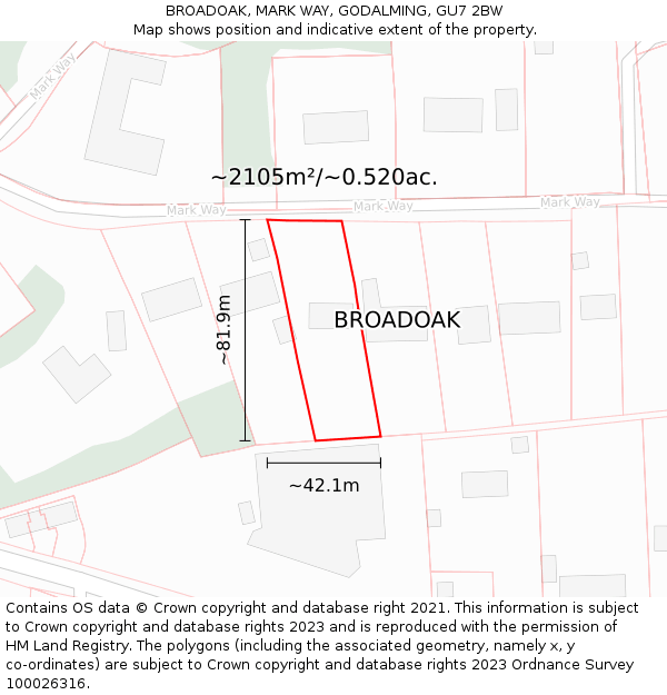 BROADOAK, MARK WAY, GODALMING, GU7 2BW: Plot and title map