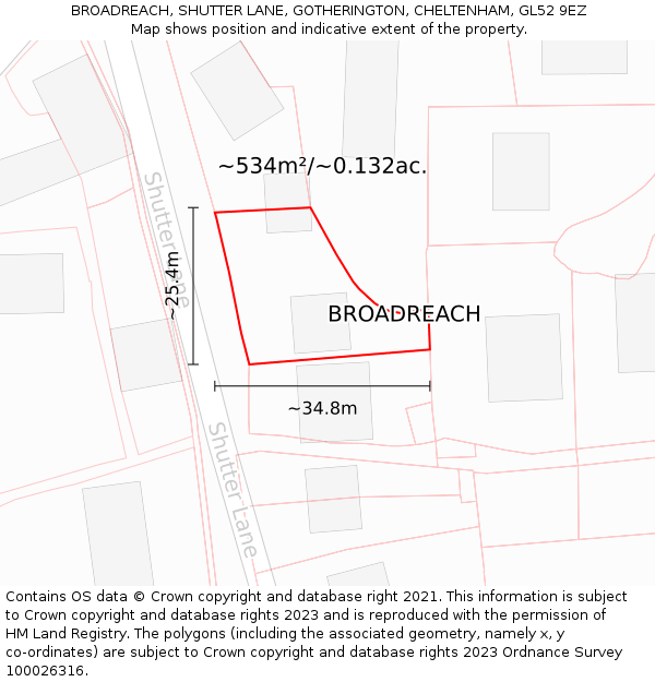 BROADREACH, SHUTTER LANE, GOTHERINGTON, CHELTENHAM, GL52 9EZ: Plot and title map