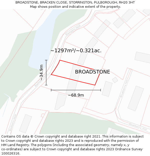 BROADSTONE, BRACKEN CLOSE, STORRINGTON, PULBOROUGH, RH20 3HT: Plot and title map