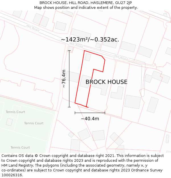 BROCK HOUSE, HILL ROAD, HASLEMERE, GU27 2JP: Plot and title map