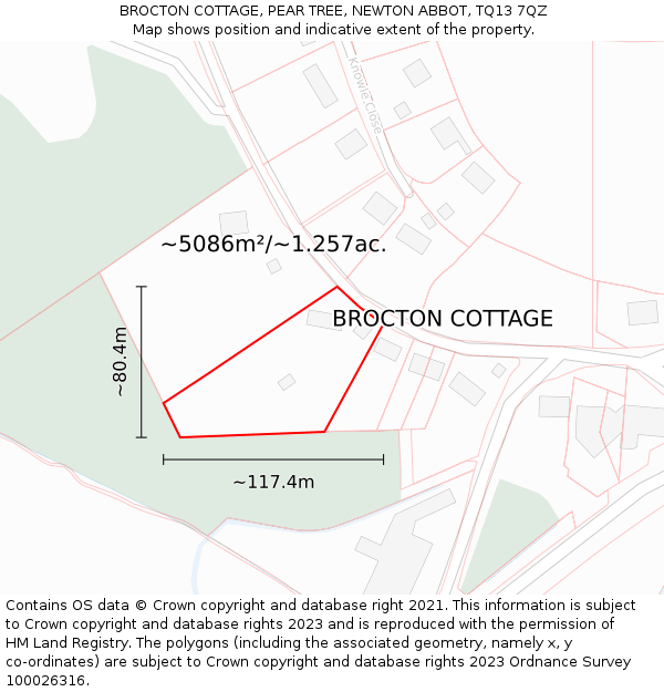 BROCTON COTTAGE, PEAR TREE, NEWTON ABBOT, TQ13 7QZ: Plot and title map