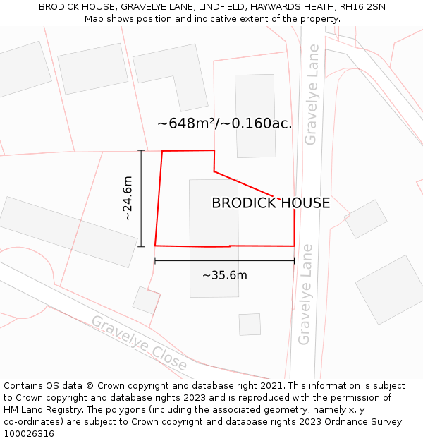 BRODICK HOUSE, GRAVELYE LANE, LINDFIELD, HAYWARDS HEATH, RH16 2SN: Plot and title map