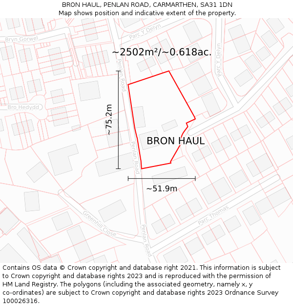 BRON HAUL, PENLAN ROAD, CARMARTHEN, SA31 1DN: Plot and title map