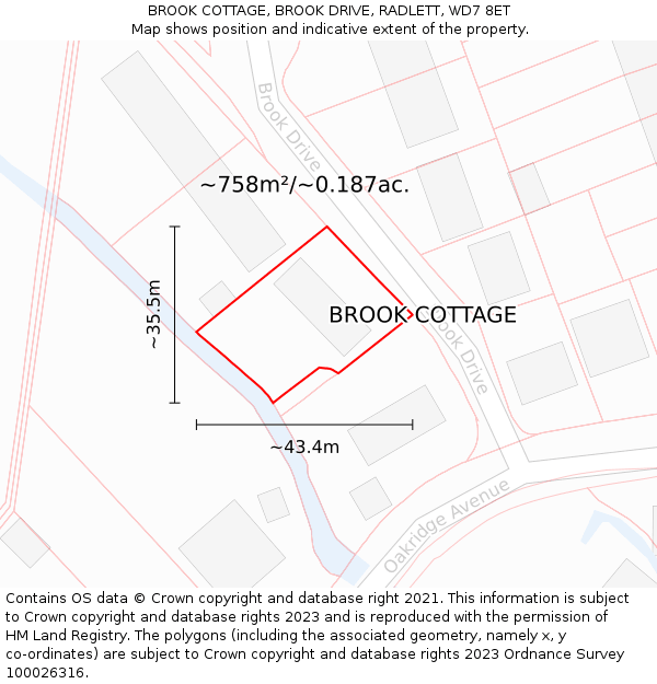 BROOK COTTAGE, BROOK DRIVE, RADLETT, WD7 8ET: Plot and title map