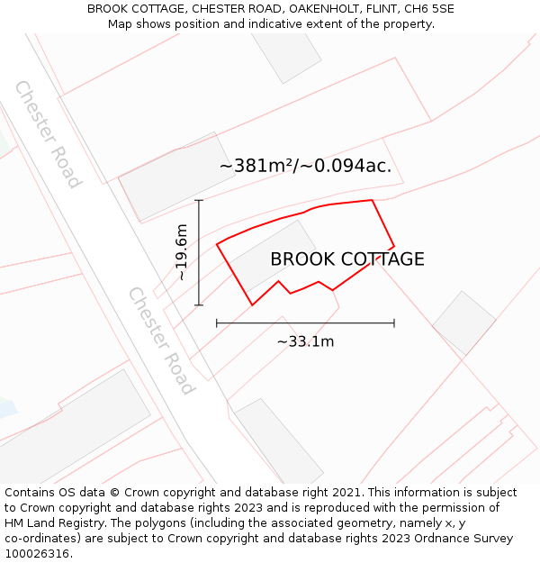 BROOK COTTAGE, CHESTER ROAD, OAKENHOLT, FLINT, CH6 5SE: Plot and title map