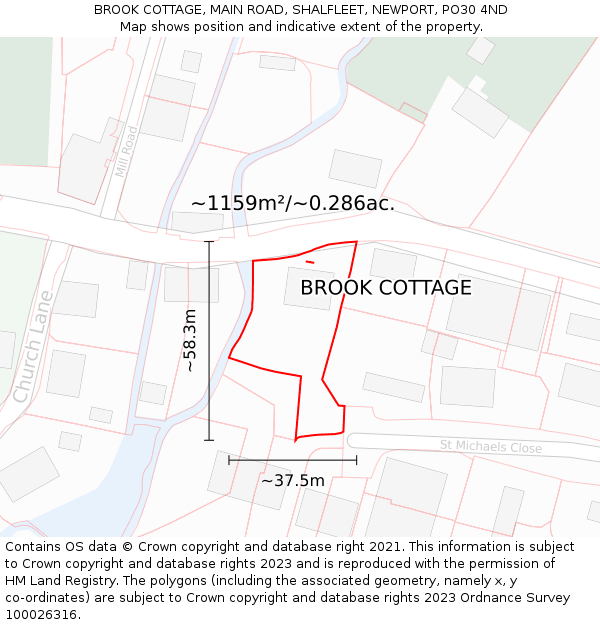 BROOK COTTAGE, MAIN ROAD, SHALFLEET, NEWPORT, PO30 4ND: Plot and title map