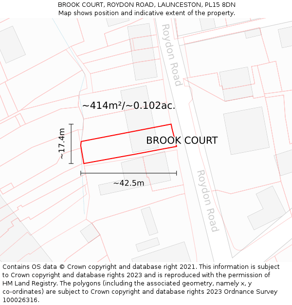 BROOK COURT, ROYDON ROAD, LAUNCESTON, PL15 8DN: Plot and title map