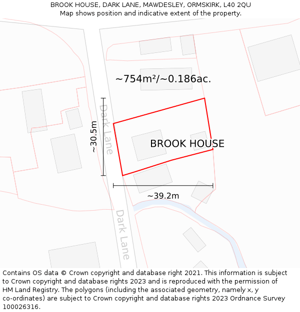 BROOK HOUSE, DARK LANE, MAWDESLEY, ORMSKIRK, L40 2QU: Plot and title map