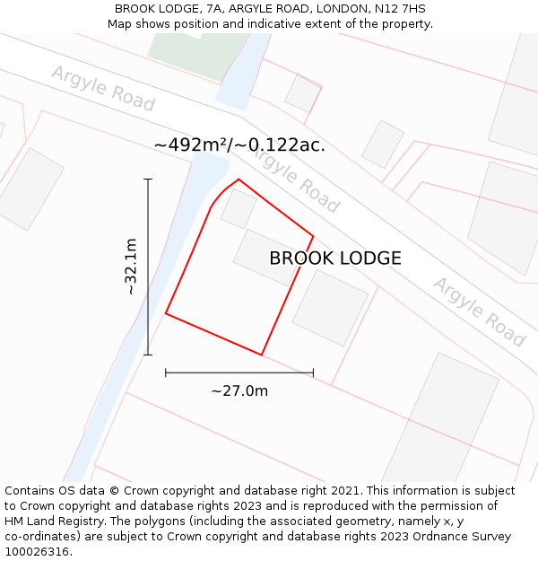 BROOK LODGE, 7A, ARGYLE ROAD, LONDON, N12 7HS: Plot and title map