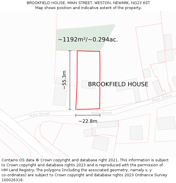 BROOKFIELD HOUSE, MAIN STREET, WESTON, NEWARK, NG23 6ST: Plot and title map